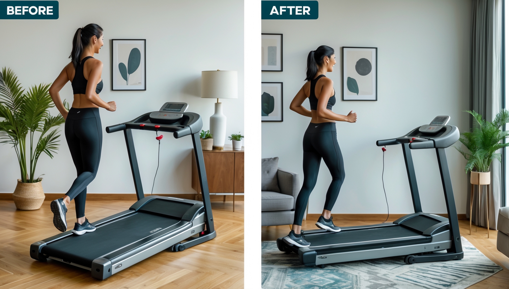 Helytakarékos összecsukható futópad bemutatása működés közben és összecsukott állapotban modern lakásban